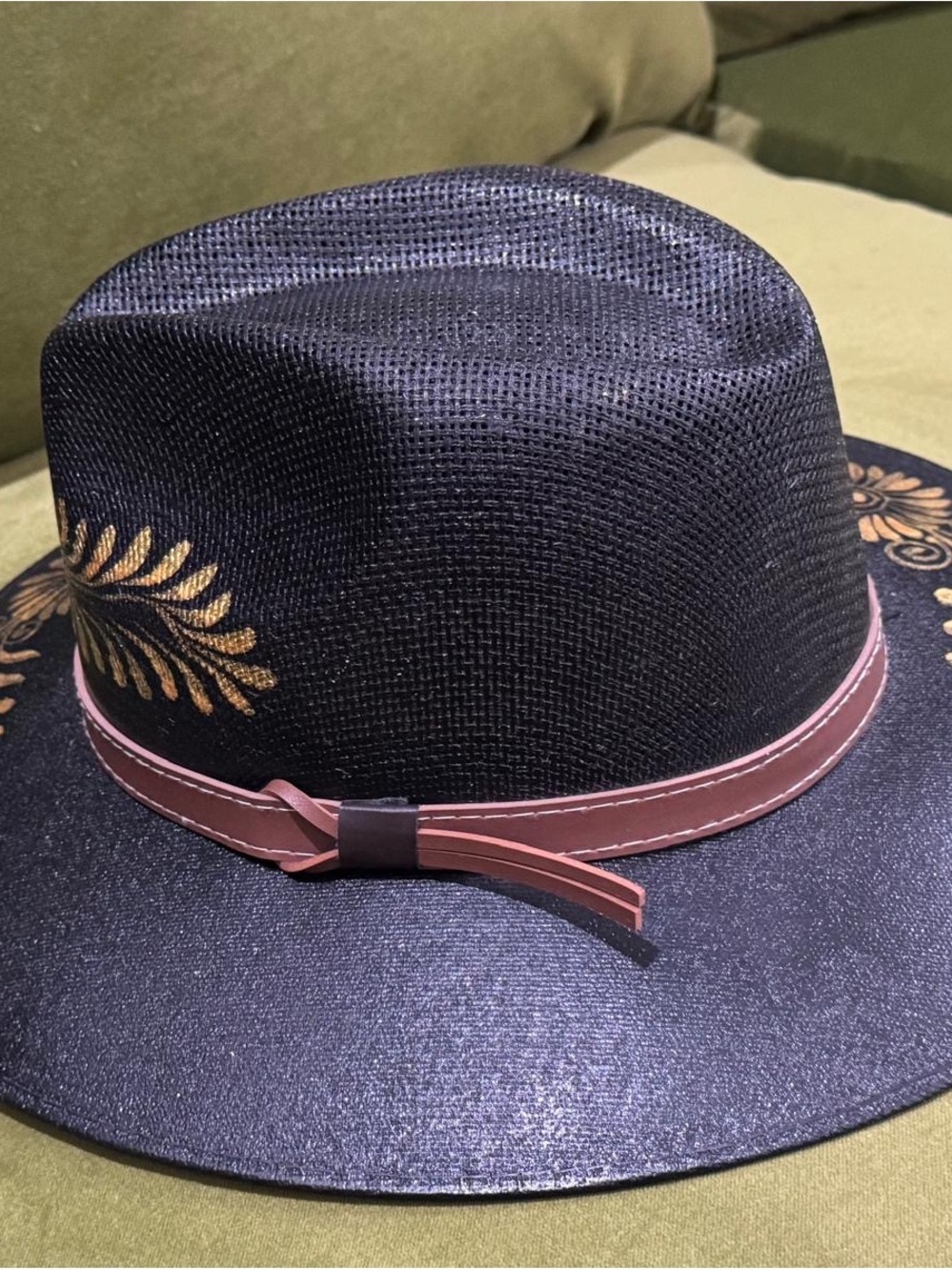 Hand Crafted Black Fedora with Gold Floral Accents and Brown Band - Picture 4 of 5